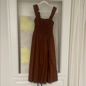 Staud Ida Sleeveless Midi smocked square neck Rust Brown Dress size Small